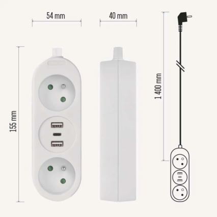 Produžni kabl 2 utičnice + 2x USB-A + USB-C 1,4 m