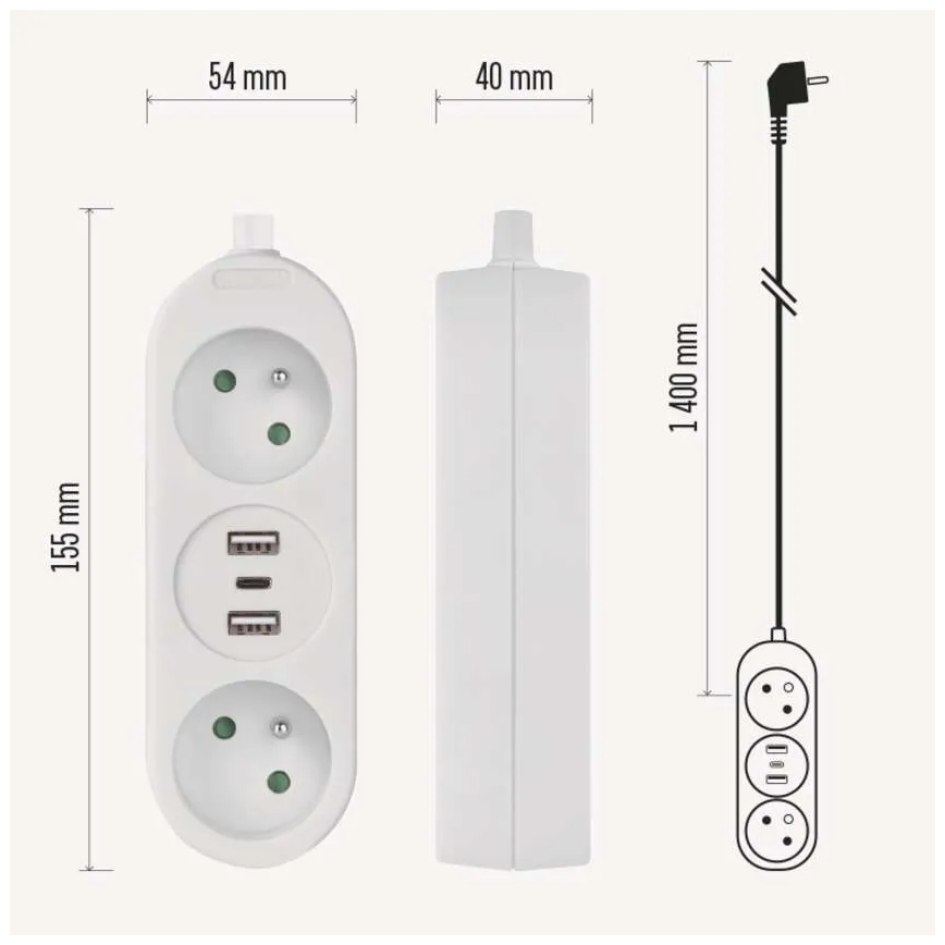 Produžni kabl 2 utičnice + 2x USB-A + USB-C 1,4 m