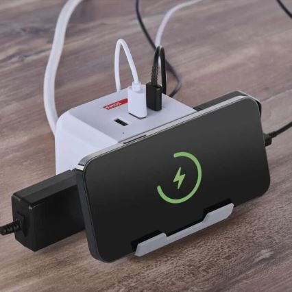 Produžni kabl kocka sa bežičnim QI punjenjem 2Z +2xUSB-A+1xUSB-C 2m bela
