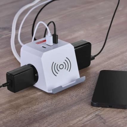 Produžni kabl kocka sa bežičnim QI punjenjem 2Z +2xUSB-A+1xUSB-C 2m bela
