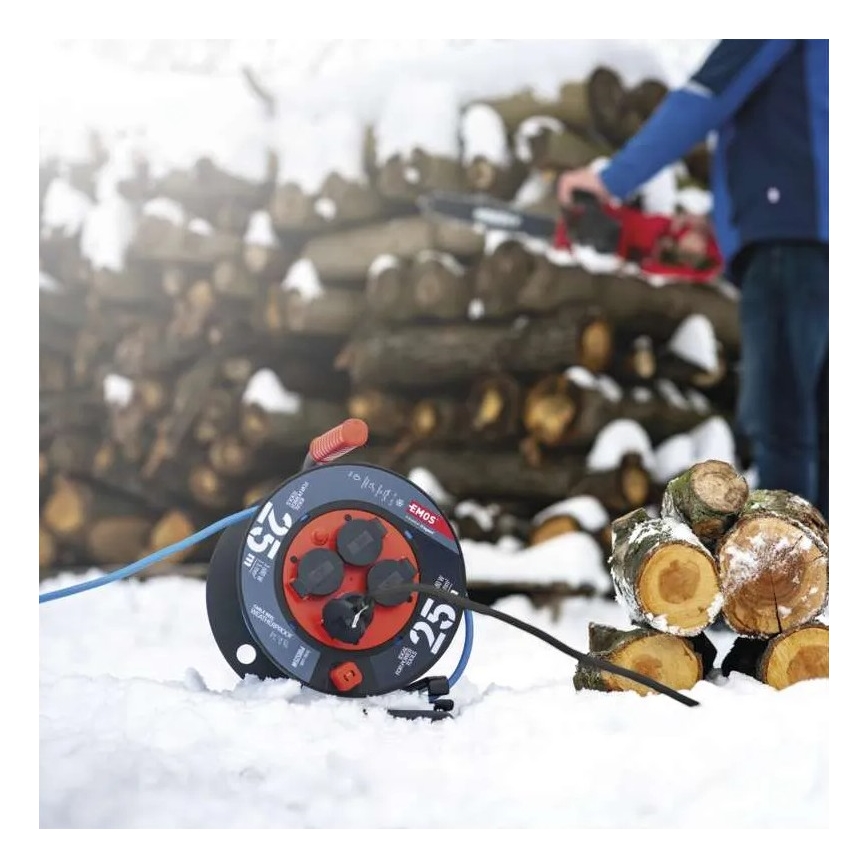 Produžni kabl na bubnju, 25 m, 4 utičnice, silikonski, IP44