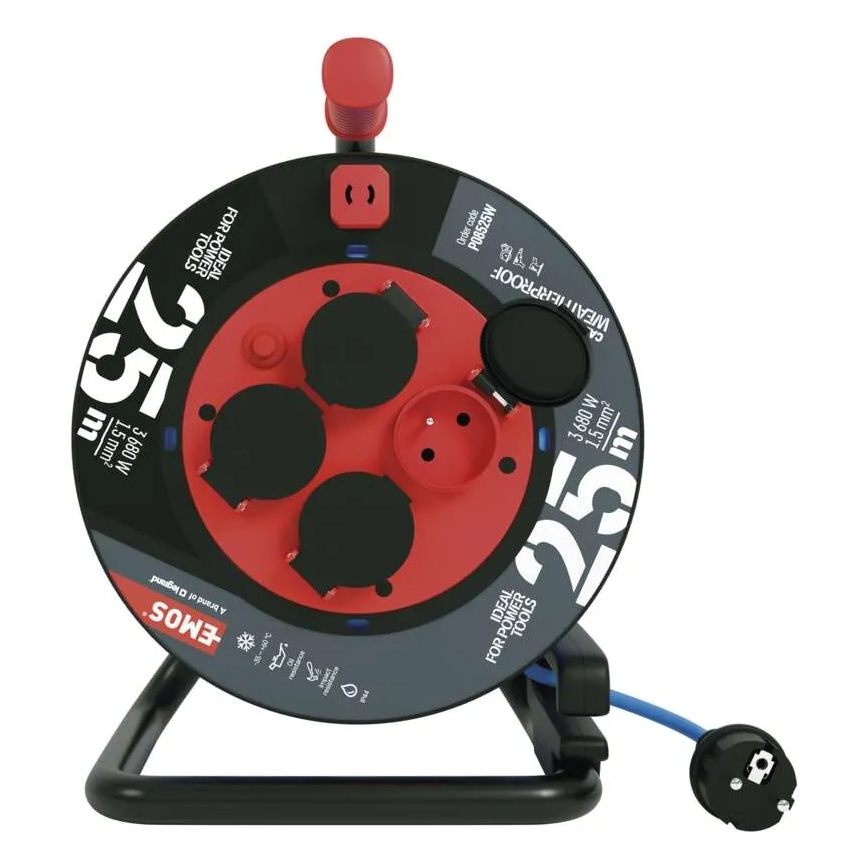 Produžni kabl na bubnju, 25 m, 4 utičnice, silikonski, IP44