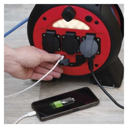 Produžni kabl na bubnju, 3 utičnice, 20 m, u boji crvena/crna, IP44