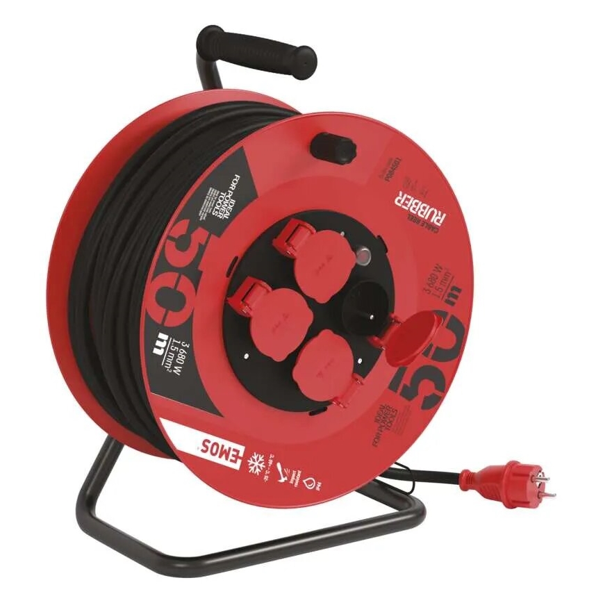 Produžni kabl na bubnju sa 4 utičnice, 50 m, crvene boje, IP44