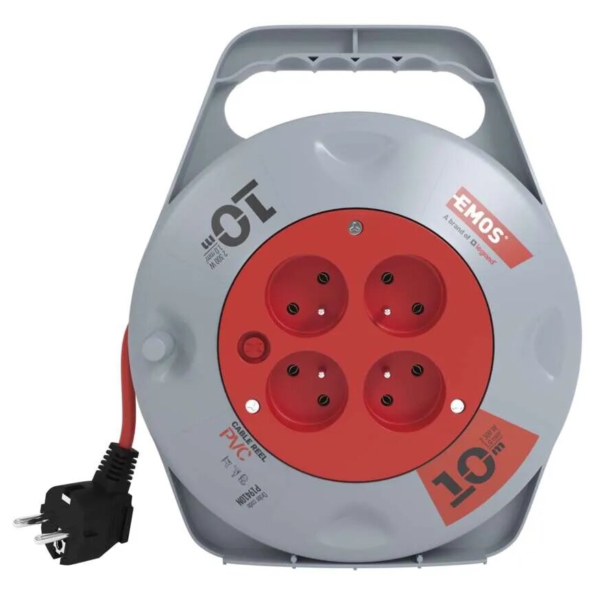 Produžni kabl na kolutu sa 4 utičnicama 10 m siva/crvena