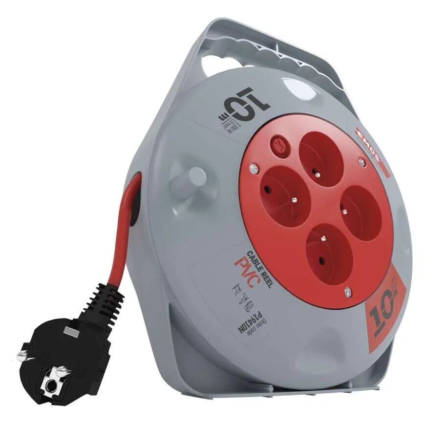 Produžni kabl na kolutu sa 4 utičnicama 10 m siva/crvena