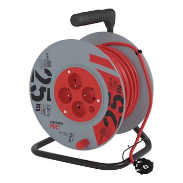 Produžni kabl na kolutu sa 4 utičnice, 25 m, siva/crvena