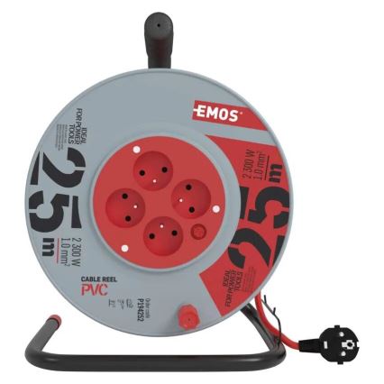 Produžni kabl na kolutu sa 4 utičnice, 25 m, siva/crvena