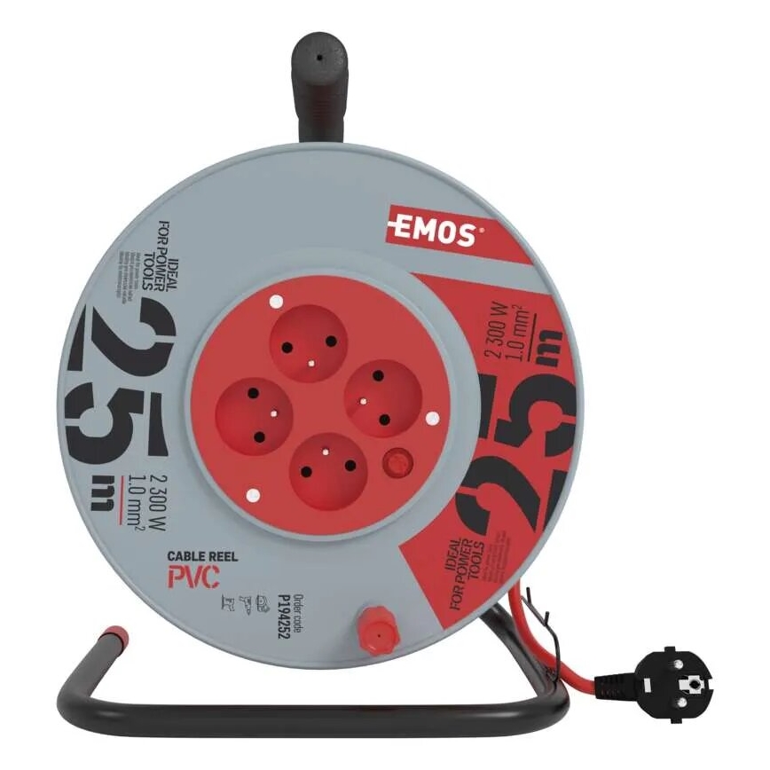 Produžni kabl na kolutu sa 4 utičnice, 25 m, siva/crvena