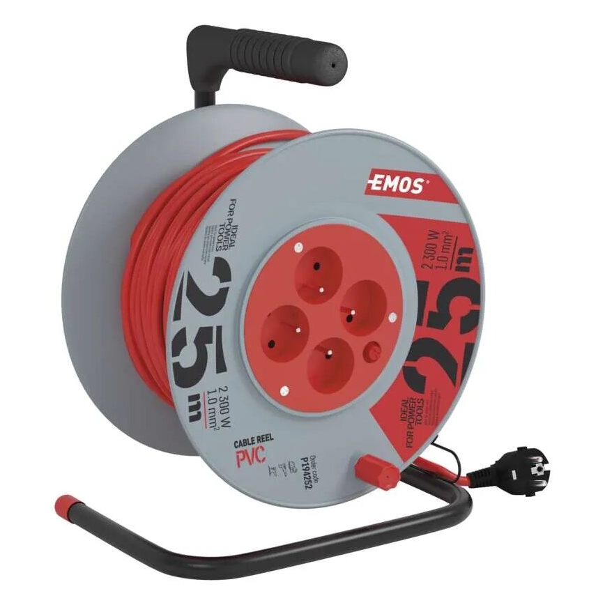 Produžni kabl na kolutu sa 4 utičnice, 25 m, siva/crvena