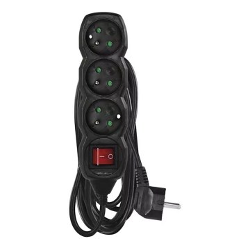 Produžni kabl sa prekidačem, 3 utičnice, 5 m, crne boje