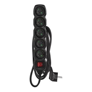 Produžni kabl sa prekidačem, 5 utičnica, 3 m, crni
