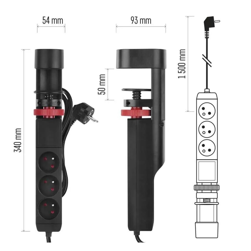 Produžni kabl sa stezaljkom za sto, 3 utičnice + 3x USB, 1,5m, crni