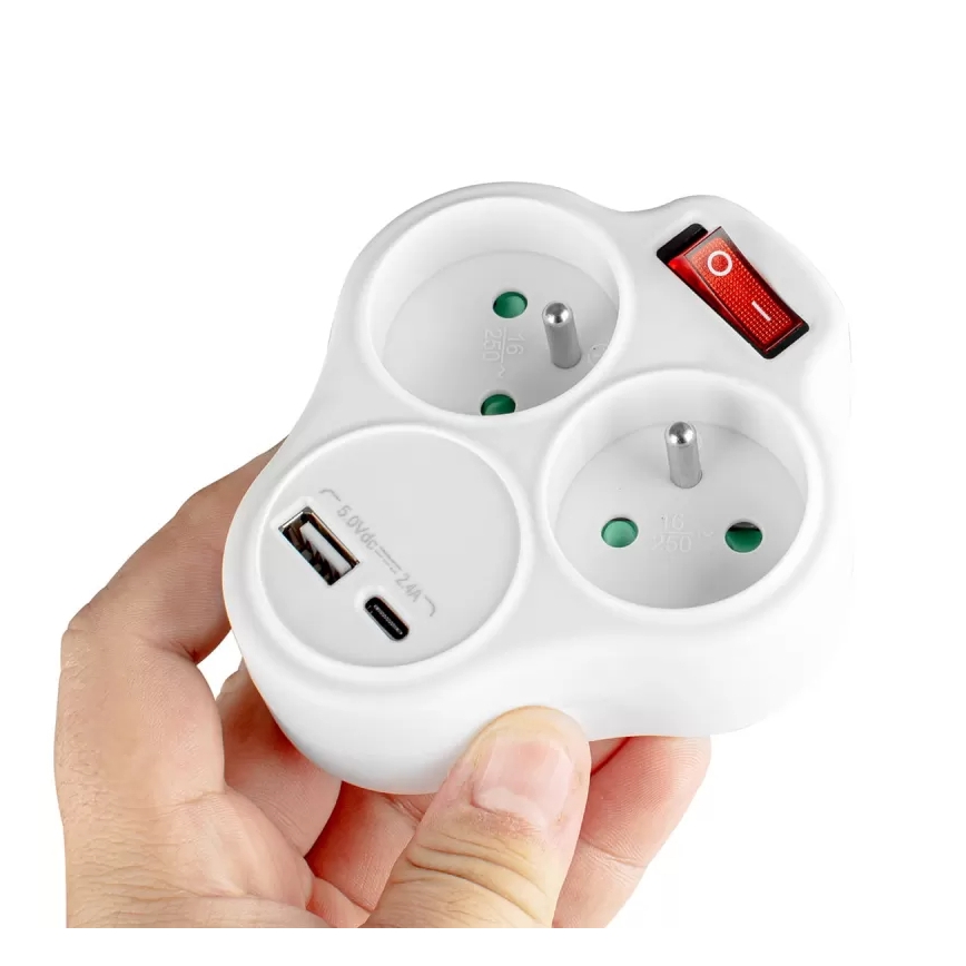 Produžni razvodnik sa prekidačem, 2 utičnice + USB-C + USB-A