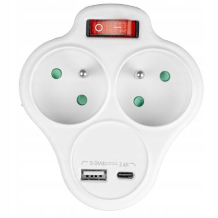 Produžni razvodnik sa prekidačem, 2 utičnice + USB-C + USB-A