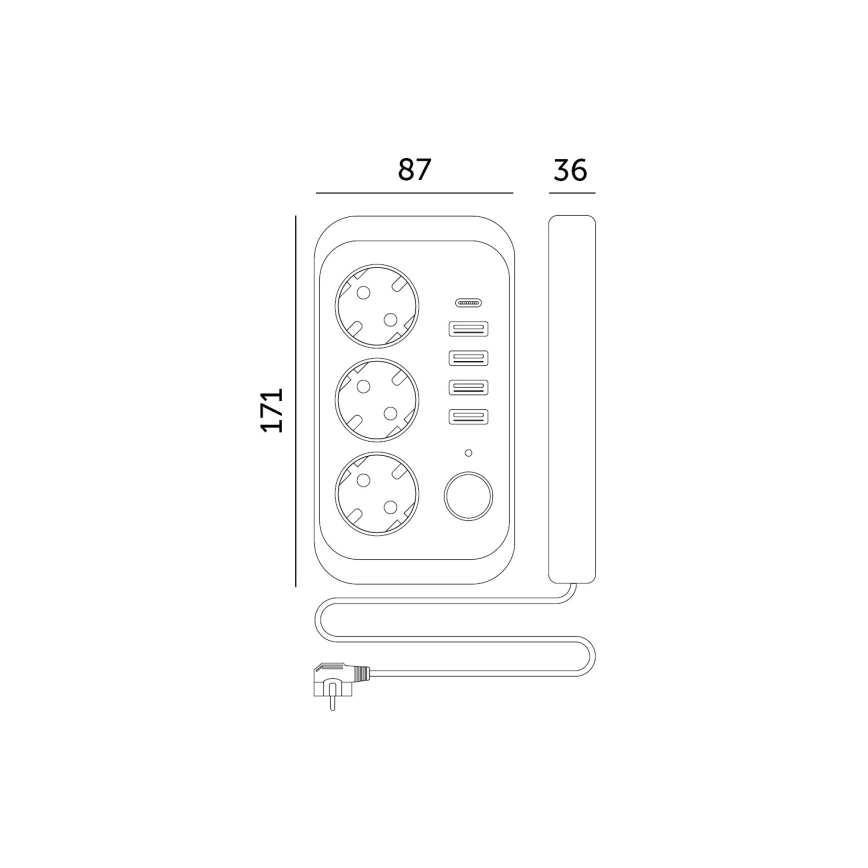 Produžni razvodnik sa prekidačem LINEA, 3x 230 V + 5x USB (A/C), SCHUKO, 5 m, crni