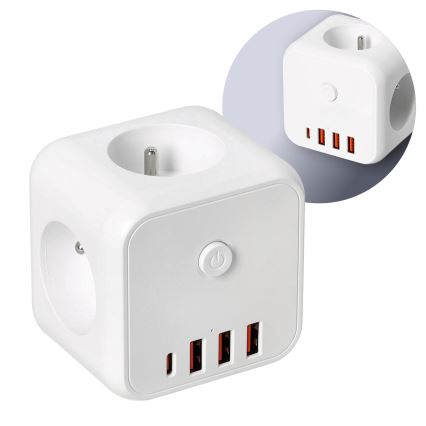 Produžni razvodnik sa prekidačem LINEA 3x230V + 4xUSB-A/USB-C, beo