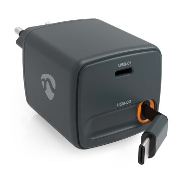 Punjač sa uvlačivim kablom Power Delivery 30W 2xUSB-C crne boje