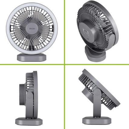 Punjivi LED stoni ventilator sa LED osvetljenjem LED/3W/5V USB 2400 mAh siva