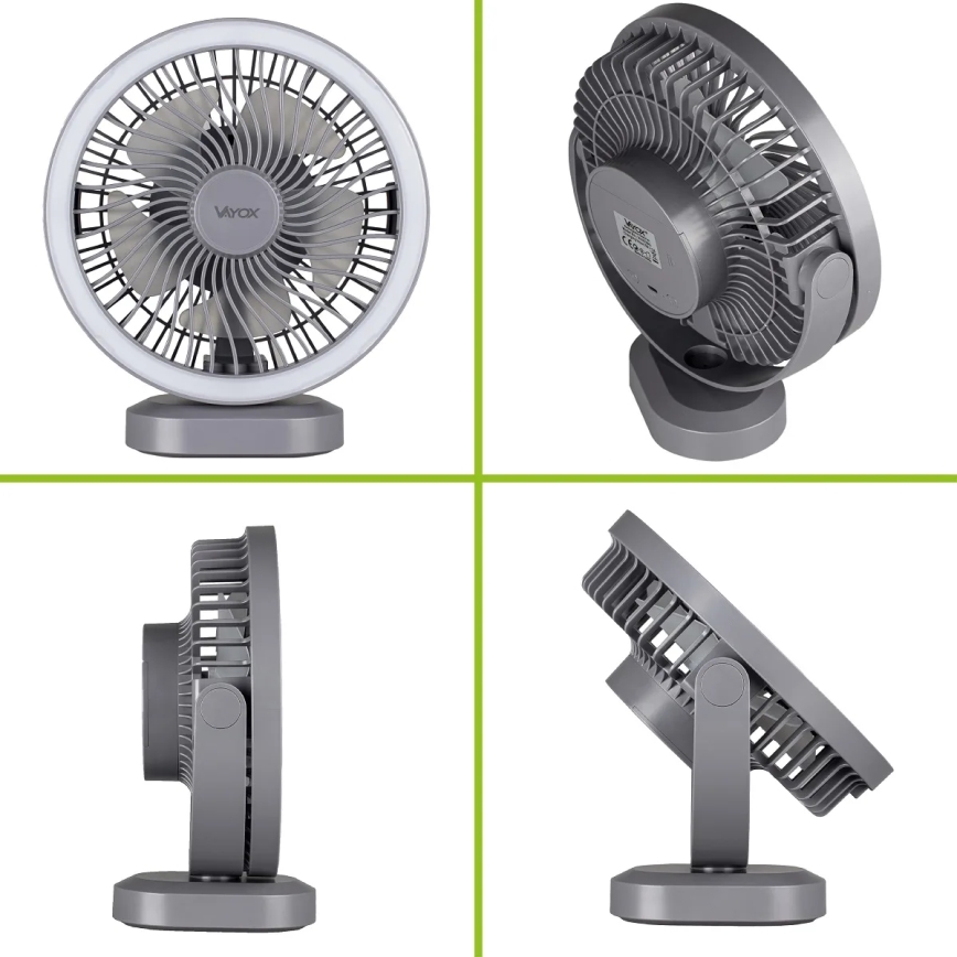 Punjivi LED stoni ventilator sa LED osvetljenjem LED/3W/5V USB 2400 mAh siva
