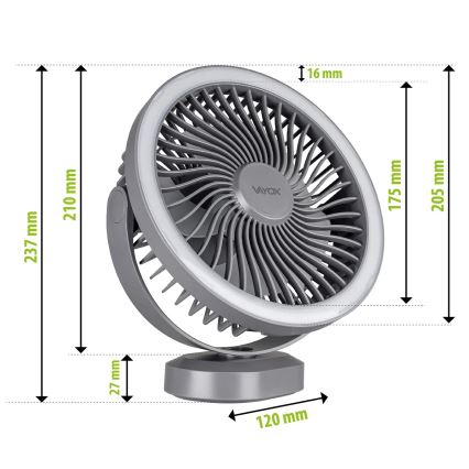Punjivi LED stoni ventilator sa LED osvetljenjem LED/3W/5V USB 2400 mAh siva