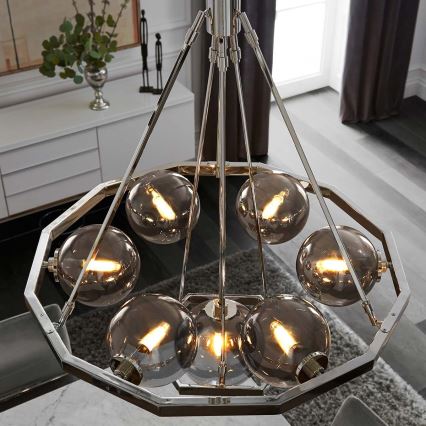 Quintiesse - Luster na šipci HARPER 7xE14/60W/230V, prečnik 81,3 cm, sjajni hrom/zadimljeno staklo