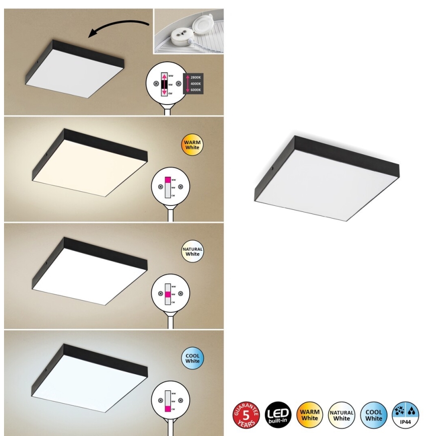 Rabalux - LED plafonsko svetlo LED/24W/230V 2800-6000K IP44 crna 30x30 cm