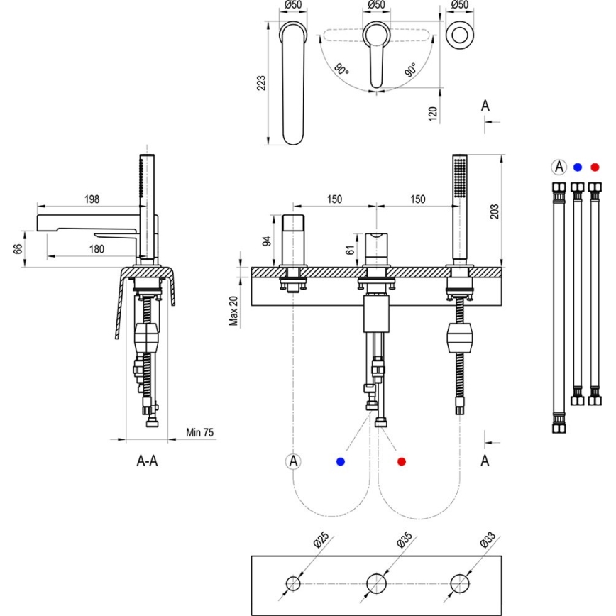 Ravak X070186 - Baterija za kadu sa 3 otvora PURI crna