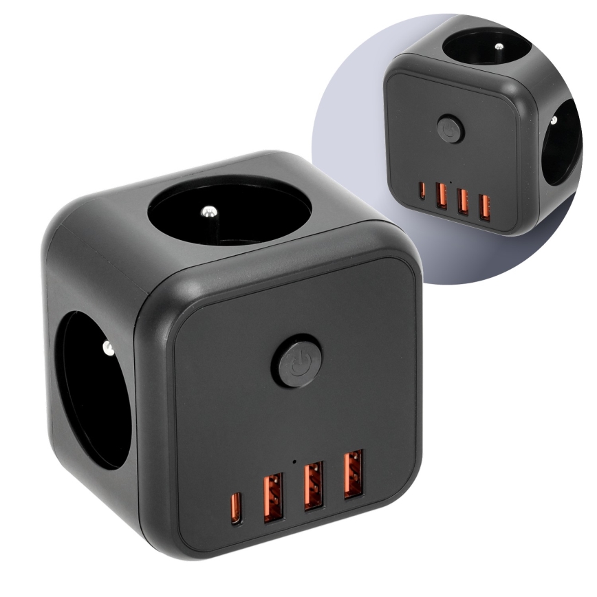 Razdelnik sa prekidačem LINEA, 3x230 V + 4x USB-A/USB-C, crni