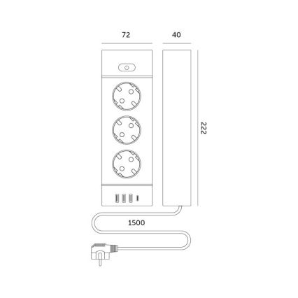 Produžni razvod sa prekidačem LINEA PRO 3x230V+3xUSB-A + 1xUSB-C SCHUKO 1,5 m crni