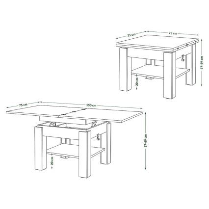 Razvlačeći klub sto sa podiznom pločom CALEB 75/150x75 cm beo
