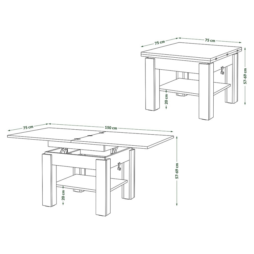 Razvlačeći klub sto sa podiznom pločom CALEB 75/150x75 cm beo