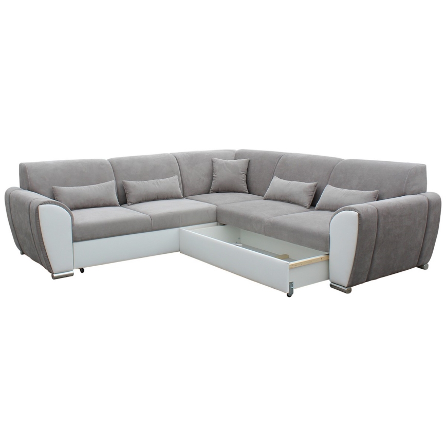 Razvlačiva ugaona garnitura u obliku slova L VISEU, sa prostorom za odlaganje, desna, siva/bela