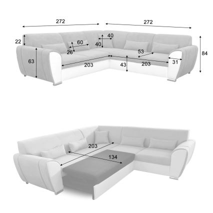 Razvlačiva ugaona garnitura u obliku slova L VISEU, sa prostorom za odlaganje, desna, siva/bela