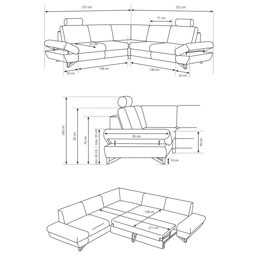 Razvlačeća ugaona tapacirana garnitura u obliku L sa prostorom za odlaganje AVESTA, antracit