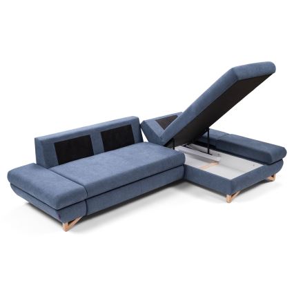 Tapacirana ugaona garnitura AVESTA na razvlačenje, L-oblik, desna, plava, sa spremištem