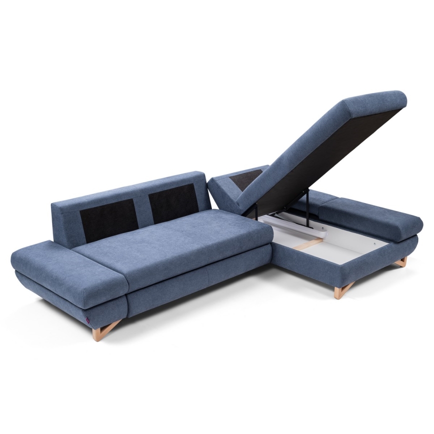 Tapacirana ugaona garnitura AVESTA na razvlačenje, L-oblik, desna, plava, sa spremištem