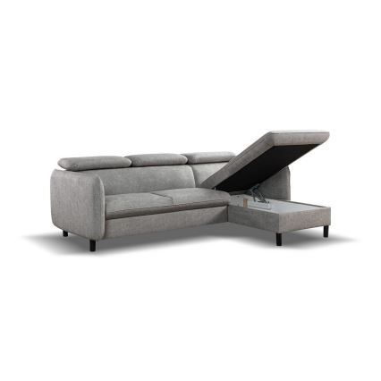 Razvlačna ugaona garnitura NISA u obliku L sa prostorom za odlaganje, siva, desna