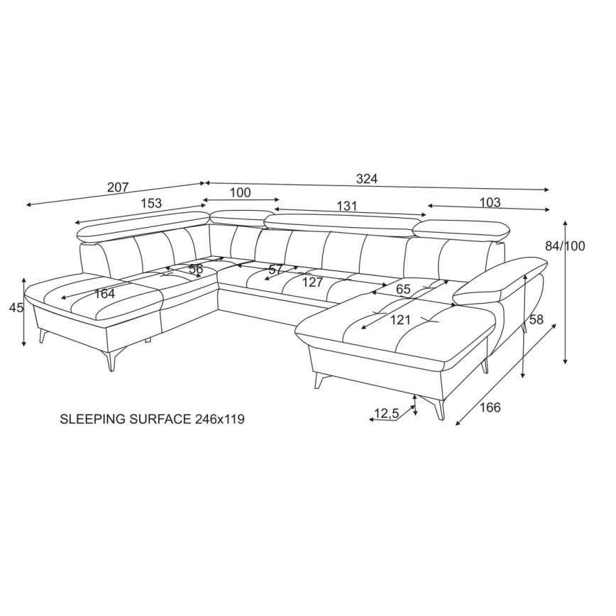 Razvlačna ugaona garnitura sa sandukom za odlaganje u obliku U CATANIA grafit