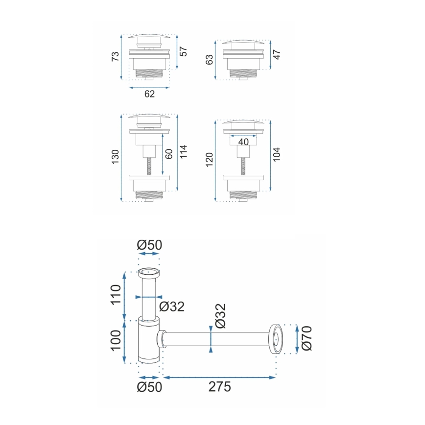 REA-A4400 - Sifon za umivaonik sa CLICK-CLACK čepom, prečnik 6,4 cm, nikl
