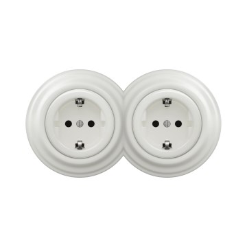Reblig - Dupla retro kućna utičnica sa okvirom SCHUKO 230V, keramička, bela