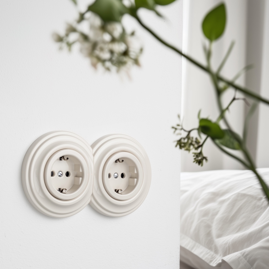 Reblig - Dvostruka retro kućna utičnica sa okvirom SCHUKO 230V bež