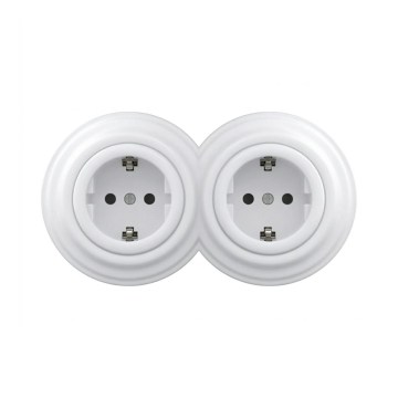 Reblig - Dvostruka retro kućna utičnica sa okvirom SCHUKO 230V snežno bela