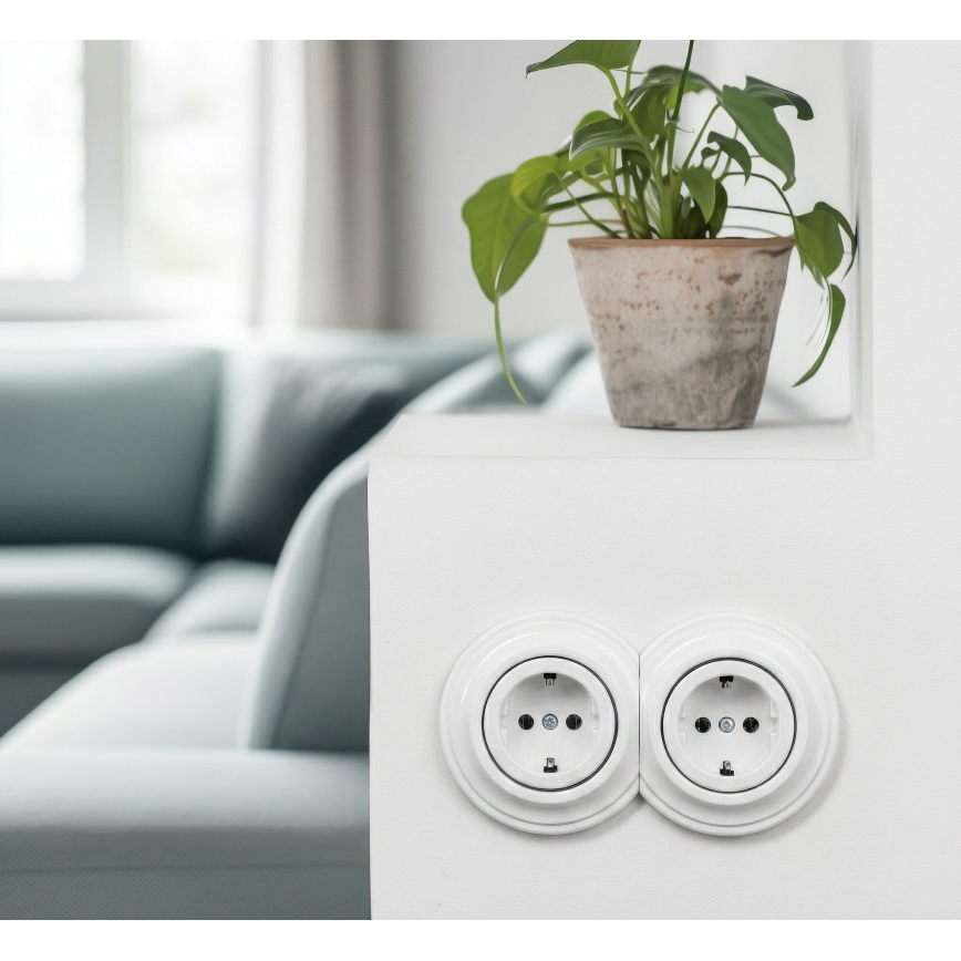 Reblig - Dvostruka retro kućna utičnica sa okvirom SCHUKO 230V snežno bela