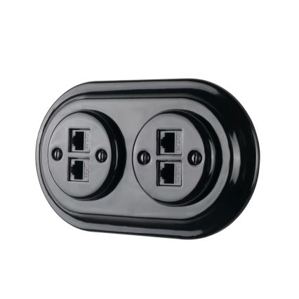 Reblig - Porcelanska retro Ethernet utičnica bez okvira, 2x CAT.5E, crna