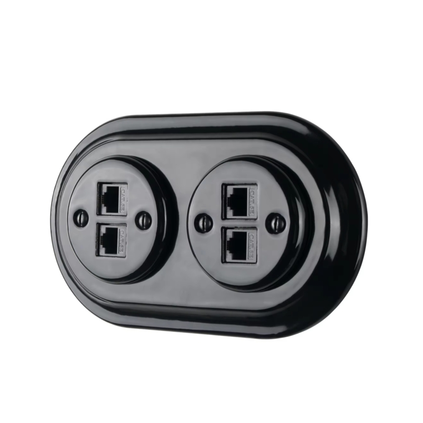 Reblig - Porcelanska retro Ethernet utičnica sa okvirom 2xCAT.5E crna