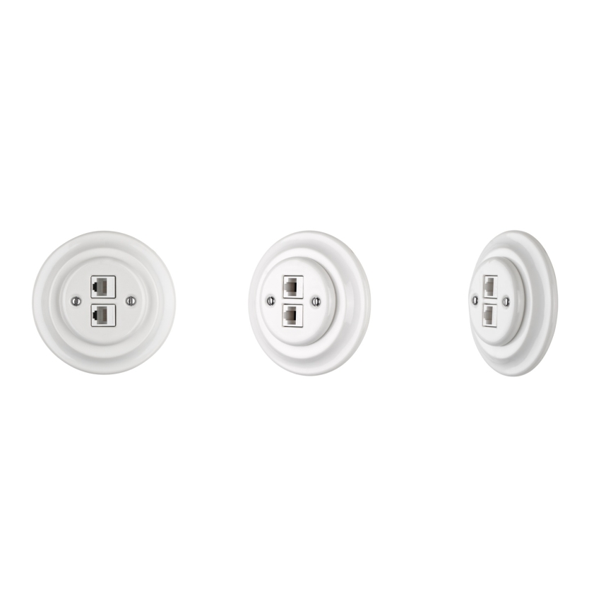 Reblig - Porcelanska retro Ethernet utičnica sa ramom, 2x CAT.5E, bela