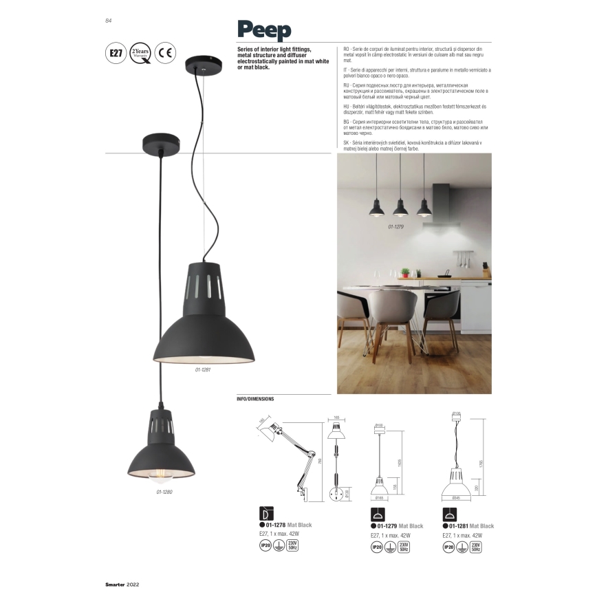 Redo 01-1281 - Luster na sajli PEEP 1xE27/42W/230V prečnik 34,5 cm crna