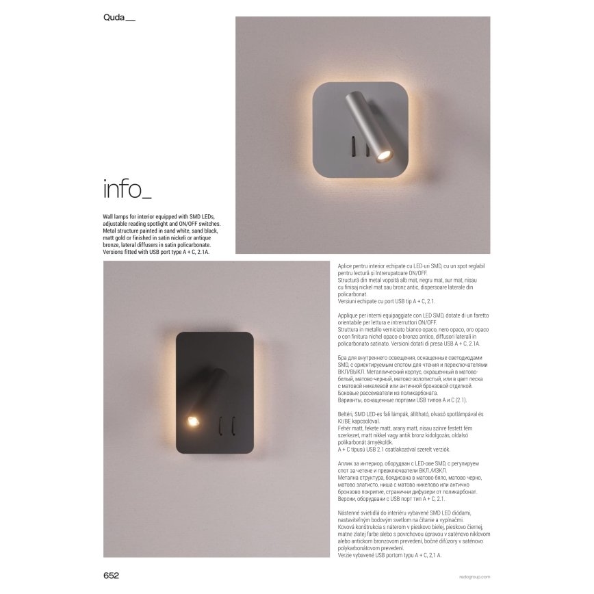 Redo 01-1491 - LED zidna svetiljka QUDA LED/6W/230V + LED/3W CRI 90 bela
