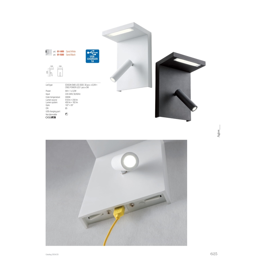 Redo 01-1499 - LED zidno reflektorsko svetlo AGOS LED/6W/230V + LED/3,2W USB bela